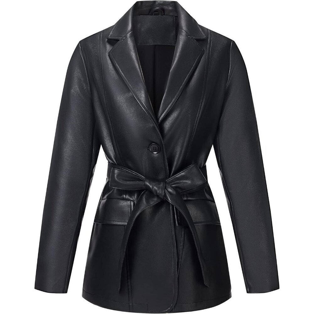 Women Black Leather Blazer Jacket Vegan leather Lapel Button Down Casual Coat